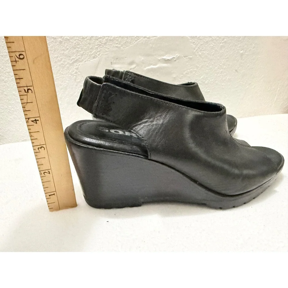 Sorel Joanie II Slingback Wedge Sandal Womens 8.5 Black  Leather Peep Toe